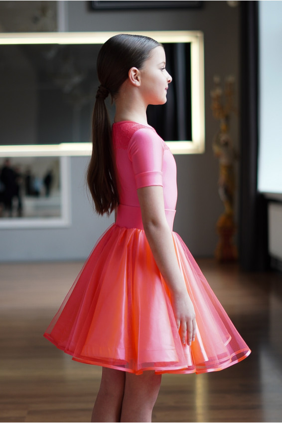 Juvenile dress BS276KR-180# for a girl, coral, lycra, satin+tulle