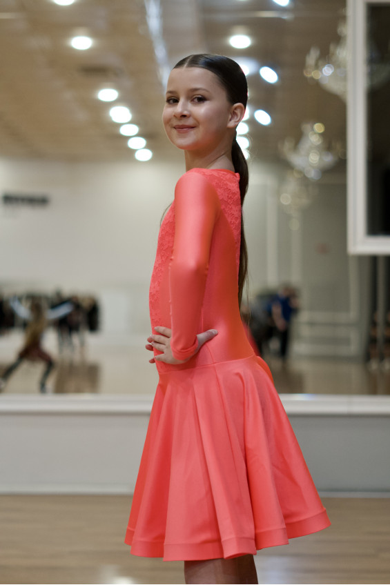 Juvenile dress BS511-1# for a girl, coral neon, lycra, lace