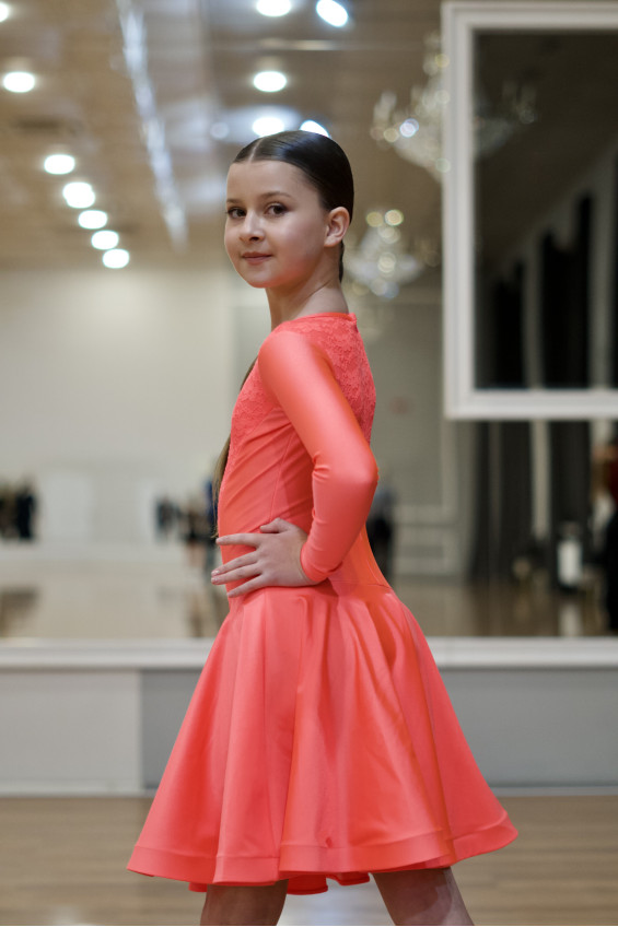 Juvenile dress BS511-1# for a girl, coral neon, lycra, lace