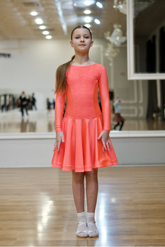 Juvenile dress BS511-1# for a girl, coral neon, lycra, lace