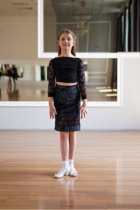 Юбка UL936-13C-11-14 для девочки, черный, бархат, гипюр