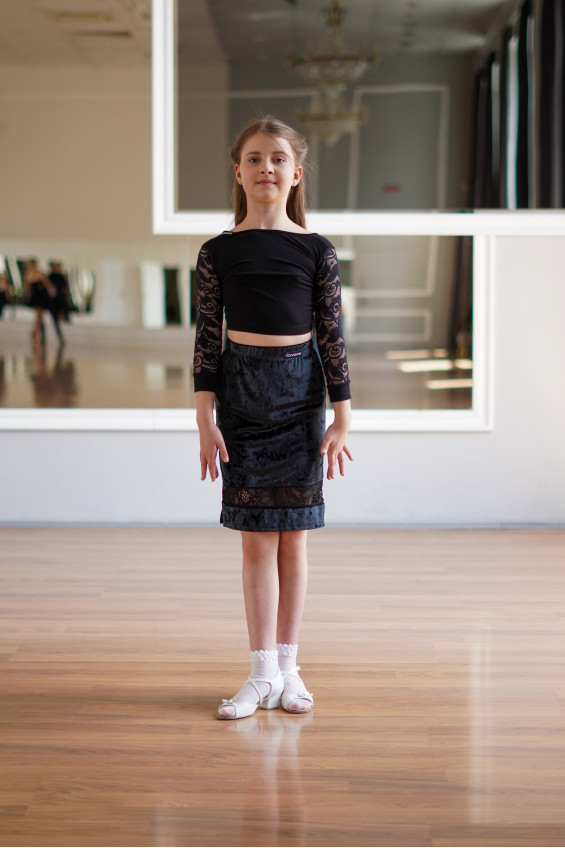 Юбка UL936-13C-11-14 для дівчинки, чорний, бархат, гіпюр