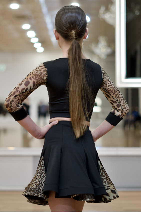 Юбка UL76-2-14# для девочки, черн/леопард, креп, сетка