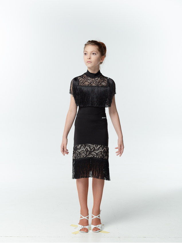 Спідниця UL724-14 для дівчинки, чорний, масло, гіпюр+бахрома