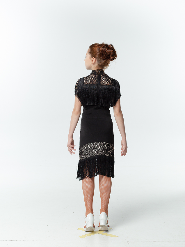 Спідниця UL724-14 для дівчинки, чорний, масло, гіпюр+бахрома