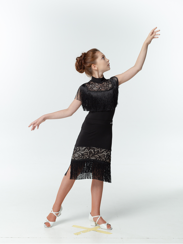 Спідниця UL724-14 для дівчинки, чорний, масло, гіпюр+бахрома