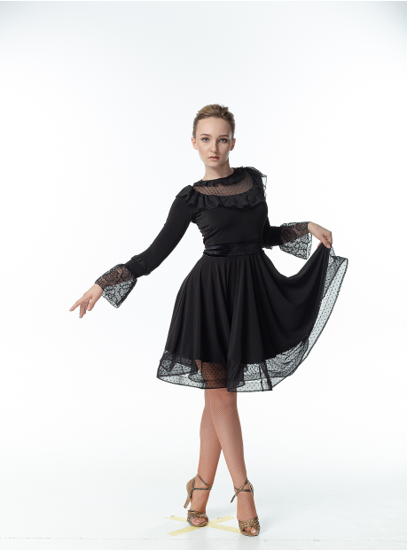 Dress PL448-6# female, Black, crepe, velvet+mesh+lace