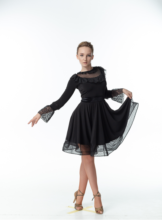 Сукня PL448-6# жіноча, чорний, масло, бархат+сітка+гіпюр