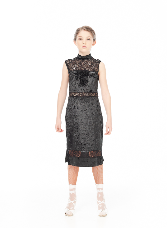Dress PL436-13-11 for a girl, Black, velvet, lace