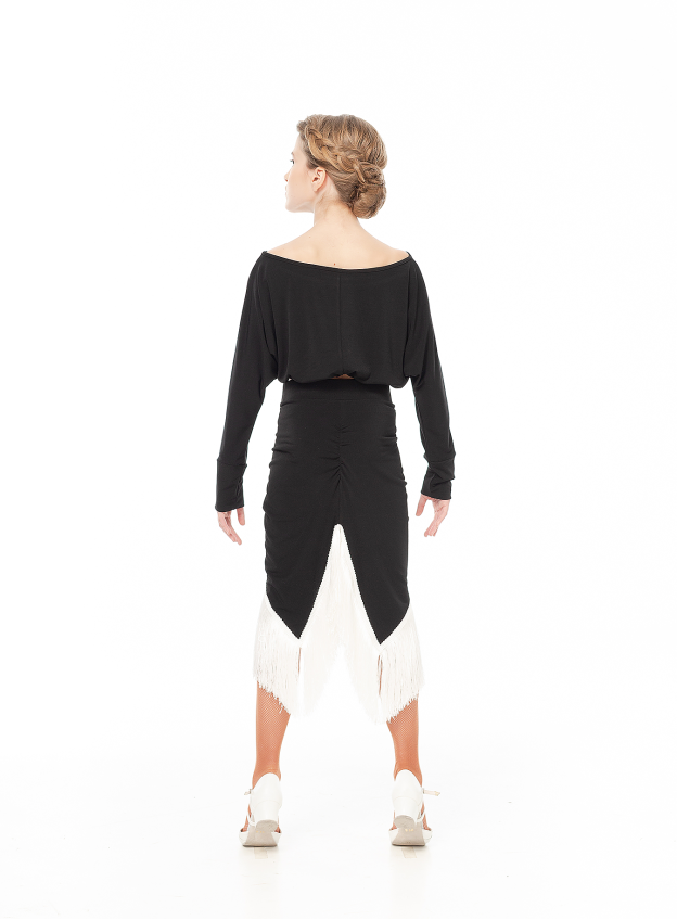 Skirt UL784-14 for a girl, Black/white, crepe, fringe