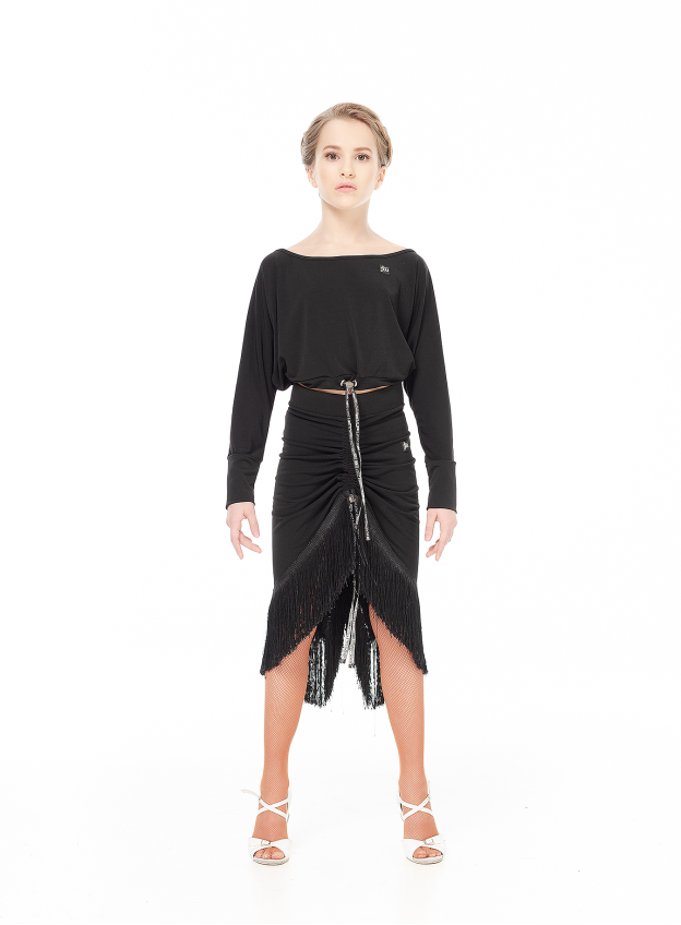 Skirt UL784-14 for a girl, Black, crepe, fringe