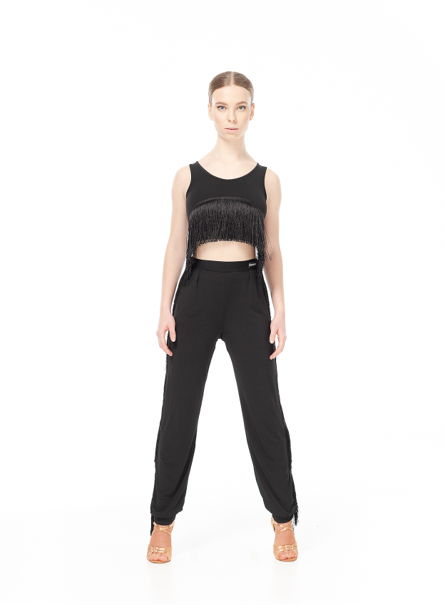 Штани BRL767 жіноча, чорний, масло, бахрома