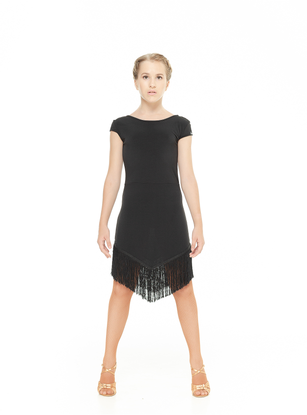 Dress PL237-6 for a girl, Black, crepe, mesh+fringe