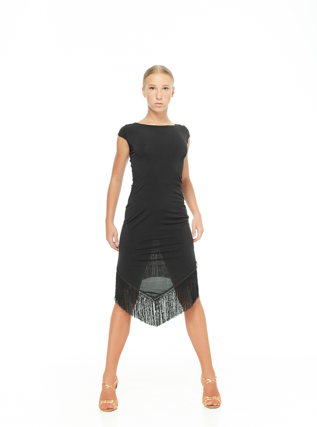 Dress PL237-6 female, Black, crepe, mesh+fringe