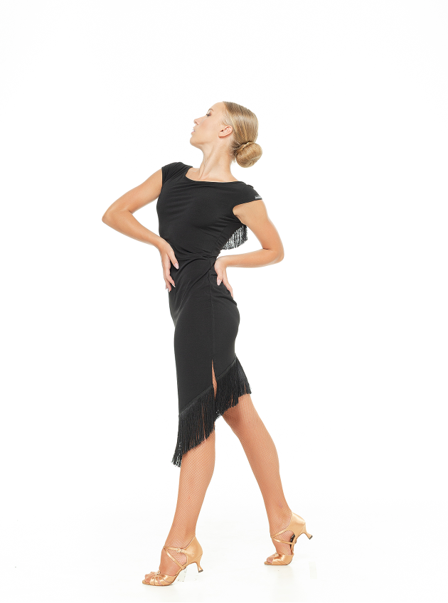 Dress PL237-6 female, Black, crepe, mesh+fringe