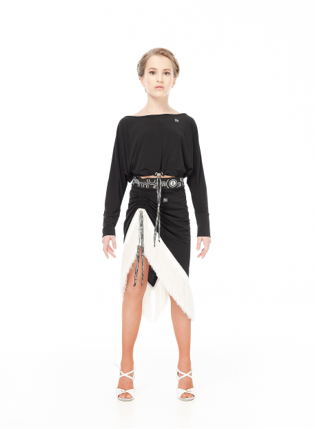 Skirt UL784-14 for a girl, Black/white, crepe, fringe