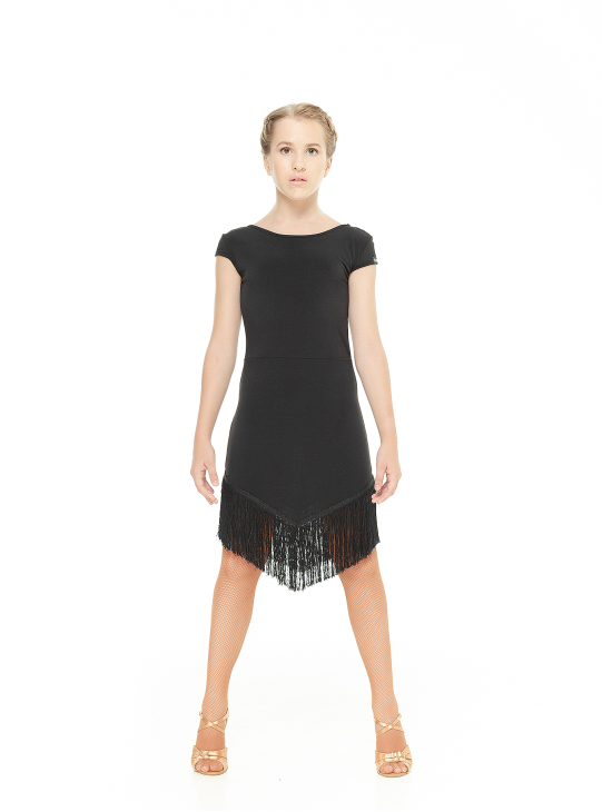 Dress PL237-6 for a girl, Black, crepe, mesh+fringe