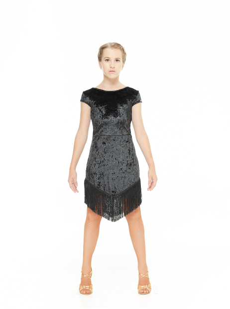 Dress PL237-13С-19 for a girl, Black, velvet, mesh+fringe