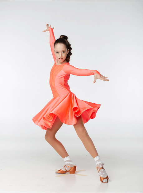 Juvenile dress BS420DR-1# for a girl, coral neon, lycra, lace