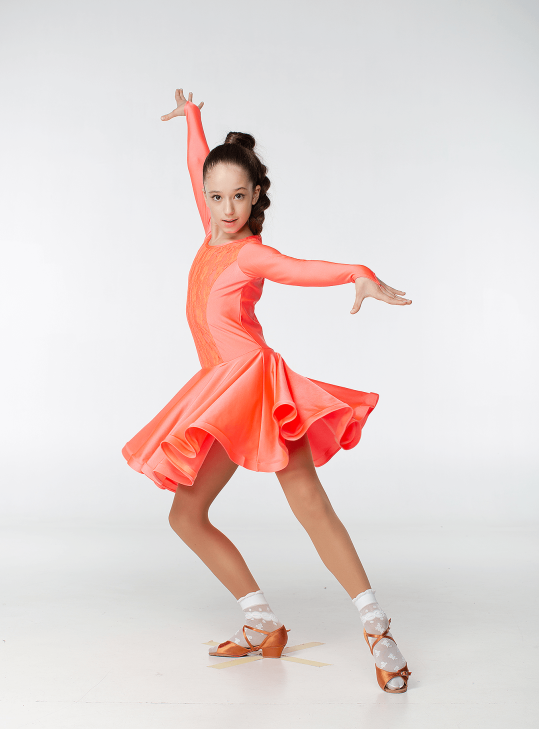 Juvenile dress BS420DR-1# for a girl, Coral neon, lycra, lace