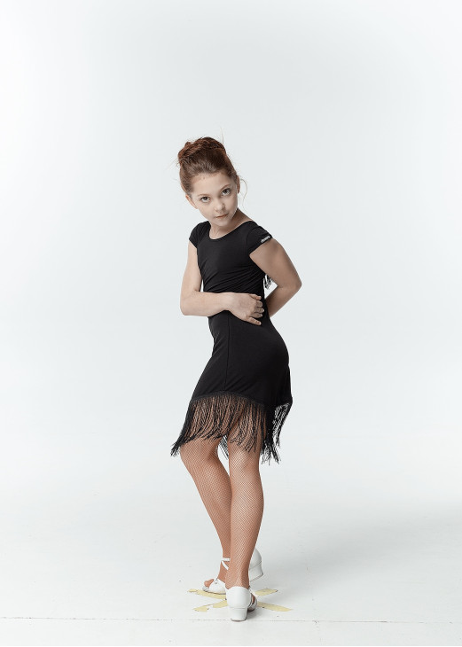 Dress PL237 for a girl, Black, crepe, mesh+fringe