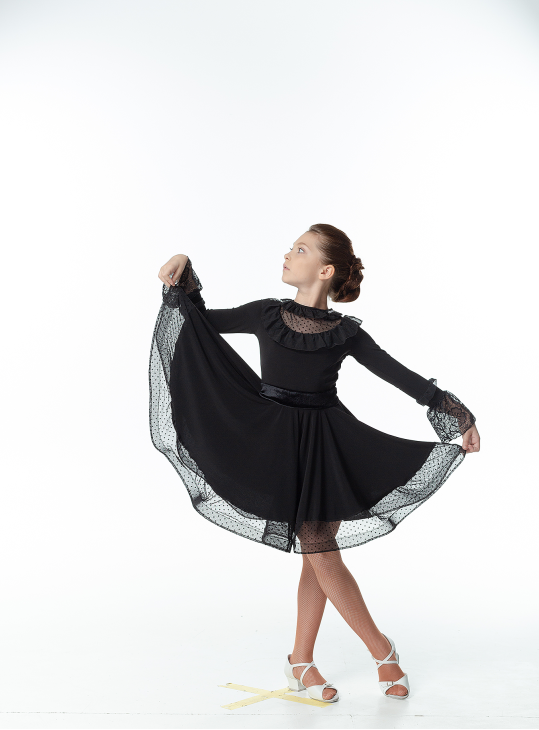 Платье PL448-6# для девочки, черный, масло, бархат+сетка+гипюр