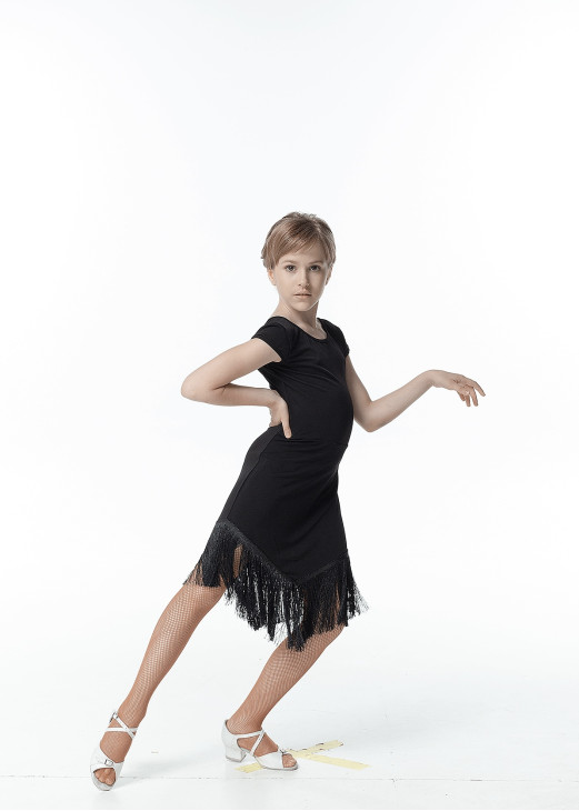 Dress PL260 for a girl, Black, crepe, fringe