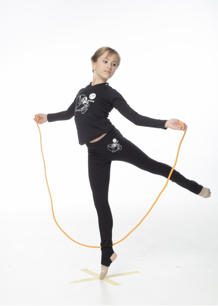 Gymnastic leggings L253-7 for girl, black with skipping rope pattern, cotton