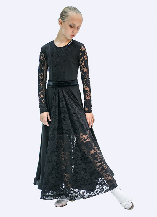Dress PS424# for a girl, Black, crepe, velvet+mesh+lace