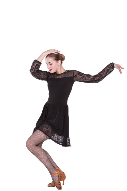 Dress PL432 female, Black, crepe, mesh+lace