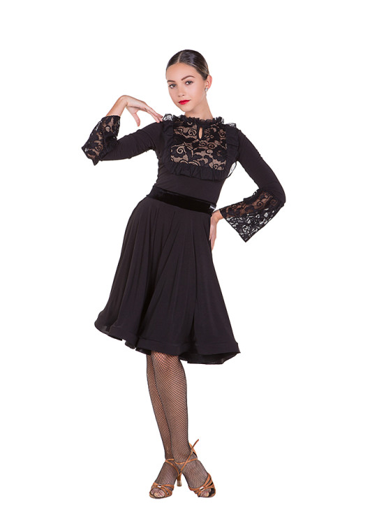 Dress PL429# female, Black, crepe, velvet+mesh+lace