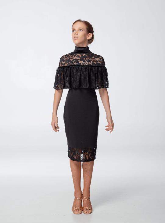 Dress PL431-11 for a girl, Black, crepe, lace+velvet
