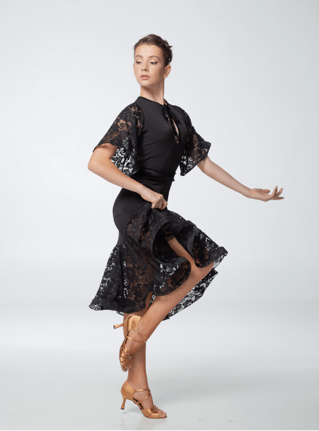 Dress PL454-11-16# female, black, crepe, lace+velvet