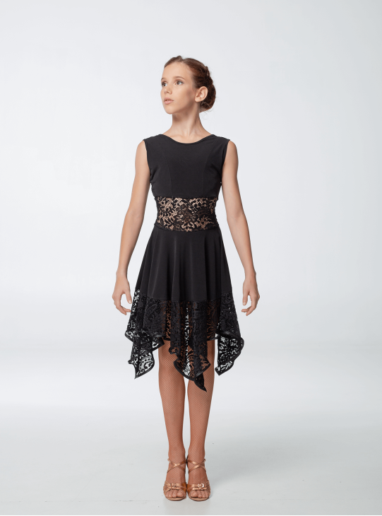 Dress PL452-11 for a girl, Black, crepe, lace