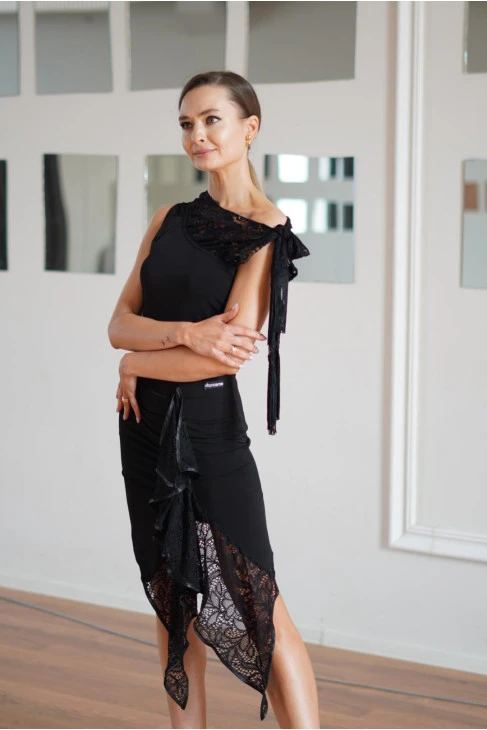 Women's blouse BL249-11 Dance Me, crepe + guipure + fringe, black