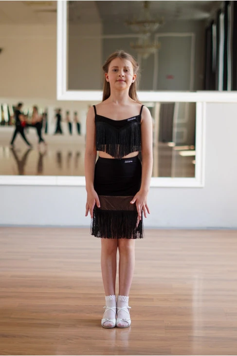 Skirt UL920-17-14 for girl, black, crepe, mesh+fringe