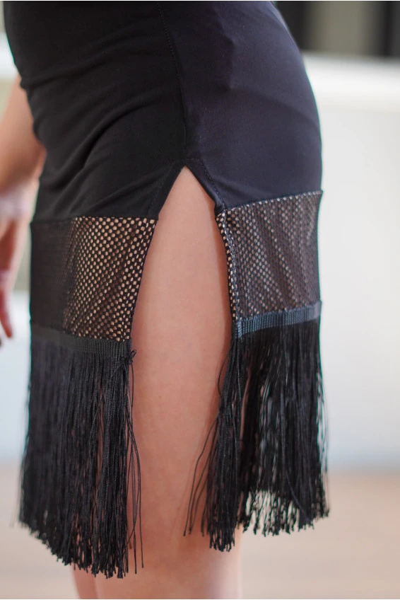 Skirt UL920-17-14 for girl, black, crepe, mesh+fringe