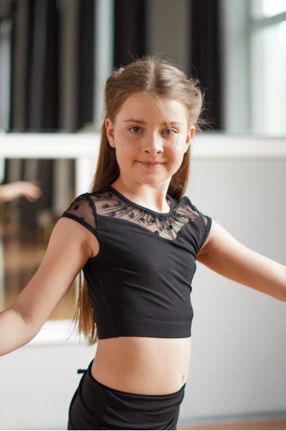 Crop Top TP922-6 for a girl, black, crepe, mesh