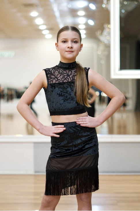 Топ TP937-13C-11 для девочки, черный, бархат, гипюр