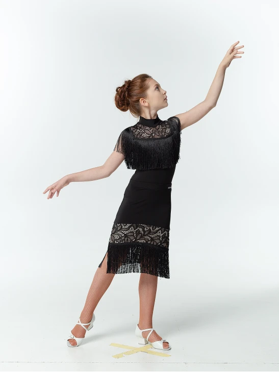 Спідниця UL724-14 для дівчинки, чорний, масло, гіпюр+бахрома