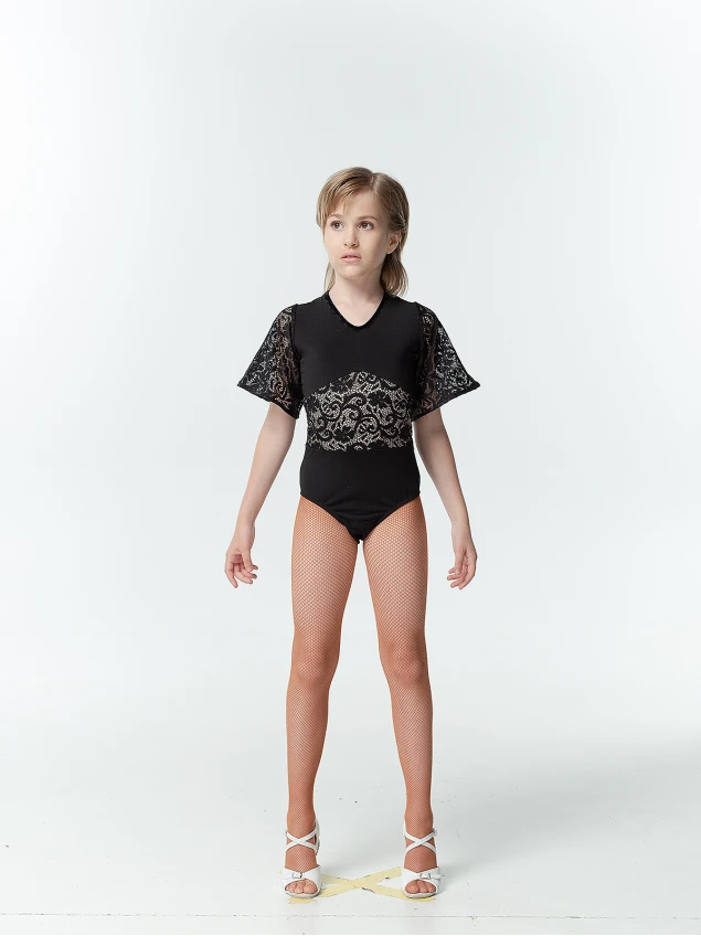 Leotard  K457-11 for a girl, black, crepe+lace