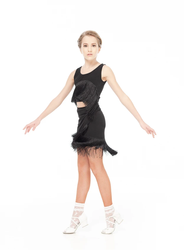 Skirt UL748 for a girl, black, crepe, fringe