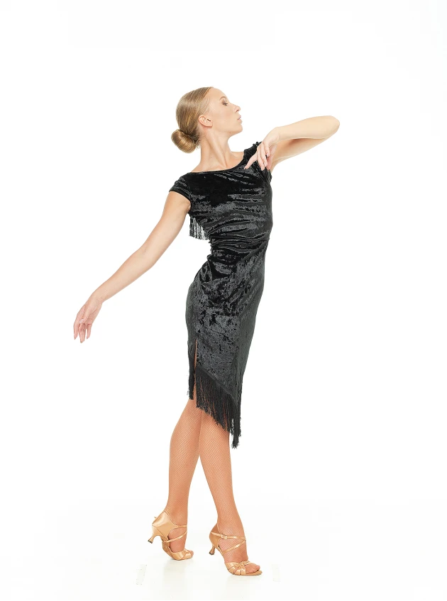 Сукня PL237-13С-19 жіноча, чорний, бархат, сітка+бахрома