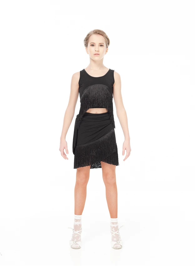 Skirt UL748 for a girl, black, crepe, fringe