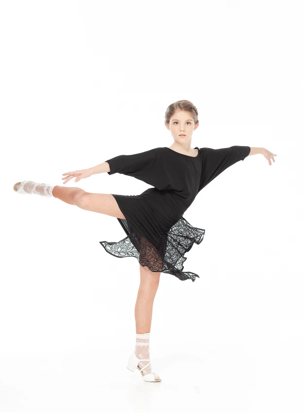 Skirt UL245-11-14 for a girl, black, crepe, lace