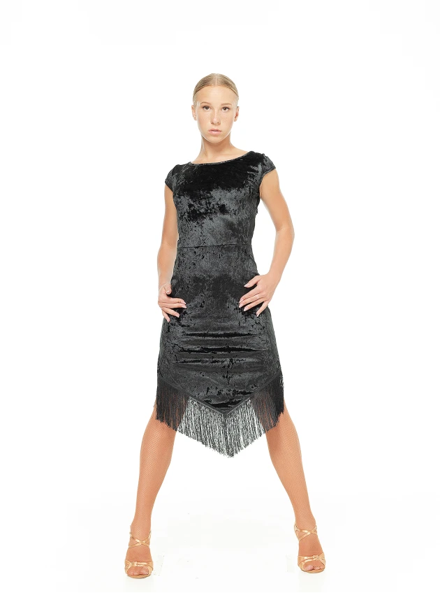 Сукня PL237-13С-19 жіноча, чорний, бархат, сітка+бахрома