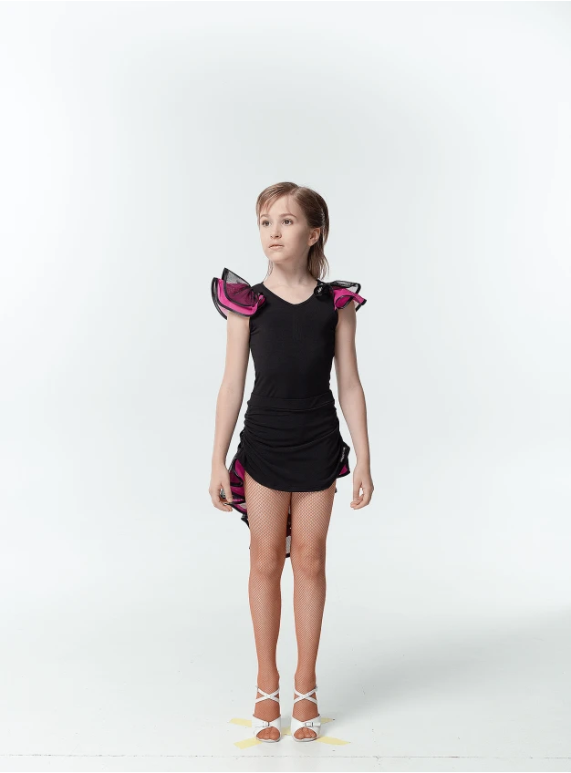 Dance Top BL337-3 for a girl, Black/pink, crepe, mesh