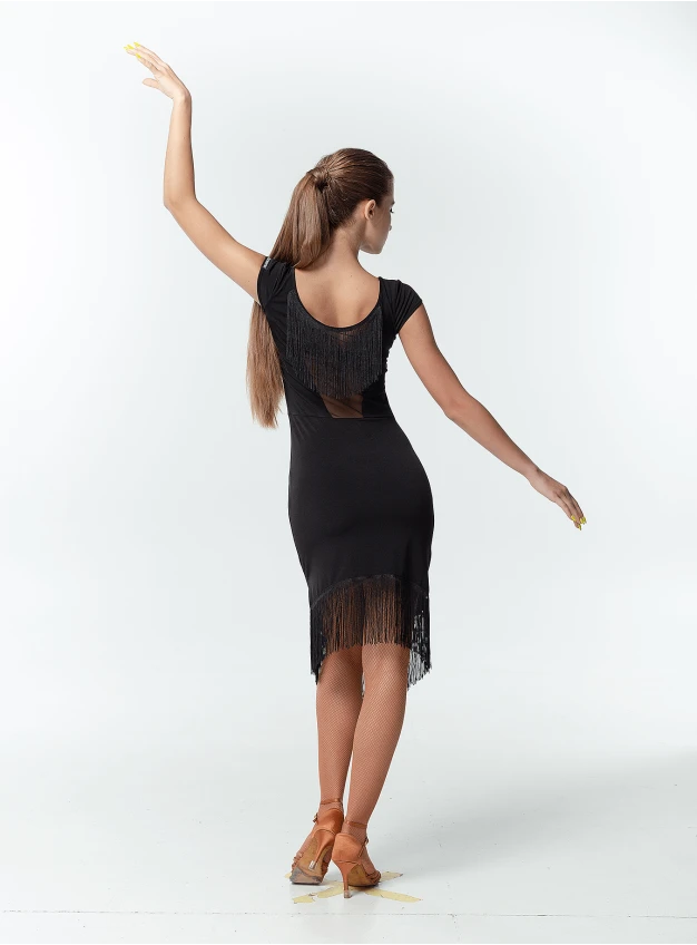 Платье PL237 женская, черный, масло, сетка+бахрома