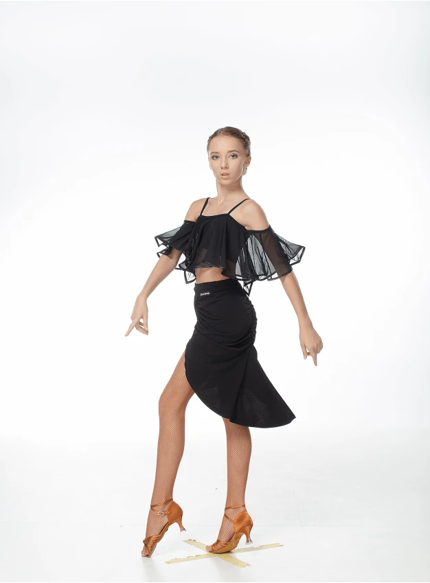 Crop Top TP519 for a girl, black, crepe, mesh