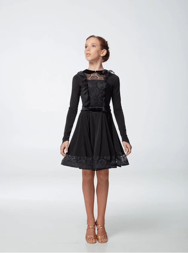 Children's latina dress PL441-11# Dance.me, crepe+guipure+mesh+velvet, black